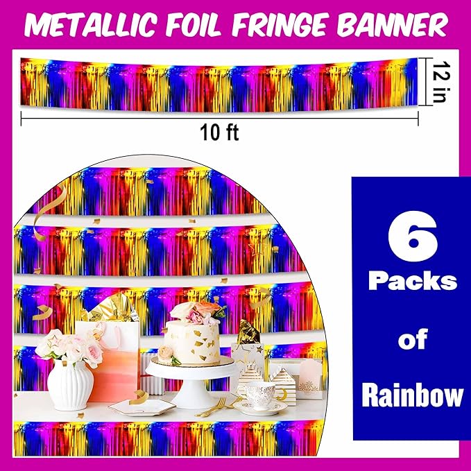 6 Pack 10 Ft Rainbow Foil Fringe Garland Metallic Streamers Tinsel Banner Wall Hanging Garland Backdrop for Parade Floats, Halloween, Christmas, Thanksgiving, New Year Party Decorations