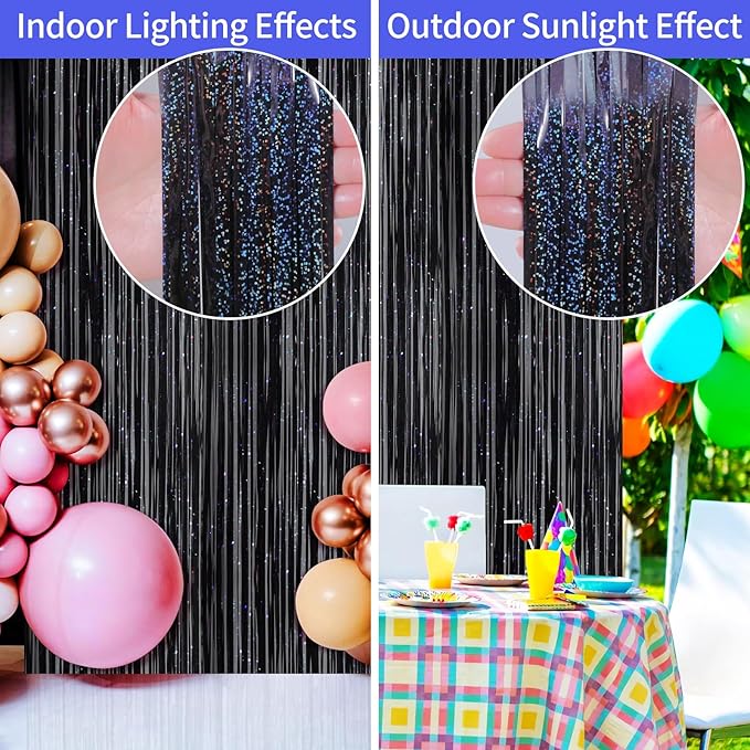 Picoway 4 Pack Foil Fringe Tinsel Backdrop Curtains, Birthday Engagement Bachelorette Party Decorations, Photo Booth Props Door Streamers Curtain (Black)