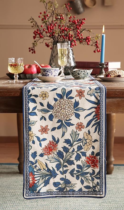 patdrea Designer Blue Cottage Rustic Floral Patterned Extra Long,Wrinkle Resistant Linen Table Runner 118 Inch Long,Decoration for Kitchen Dining and Coffee Tables Banquet Christmas , 12"x118"