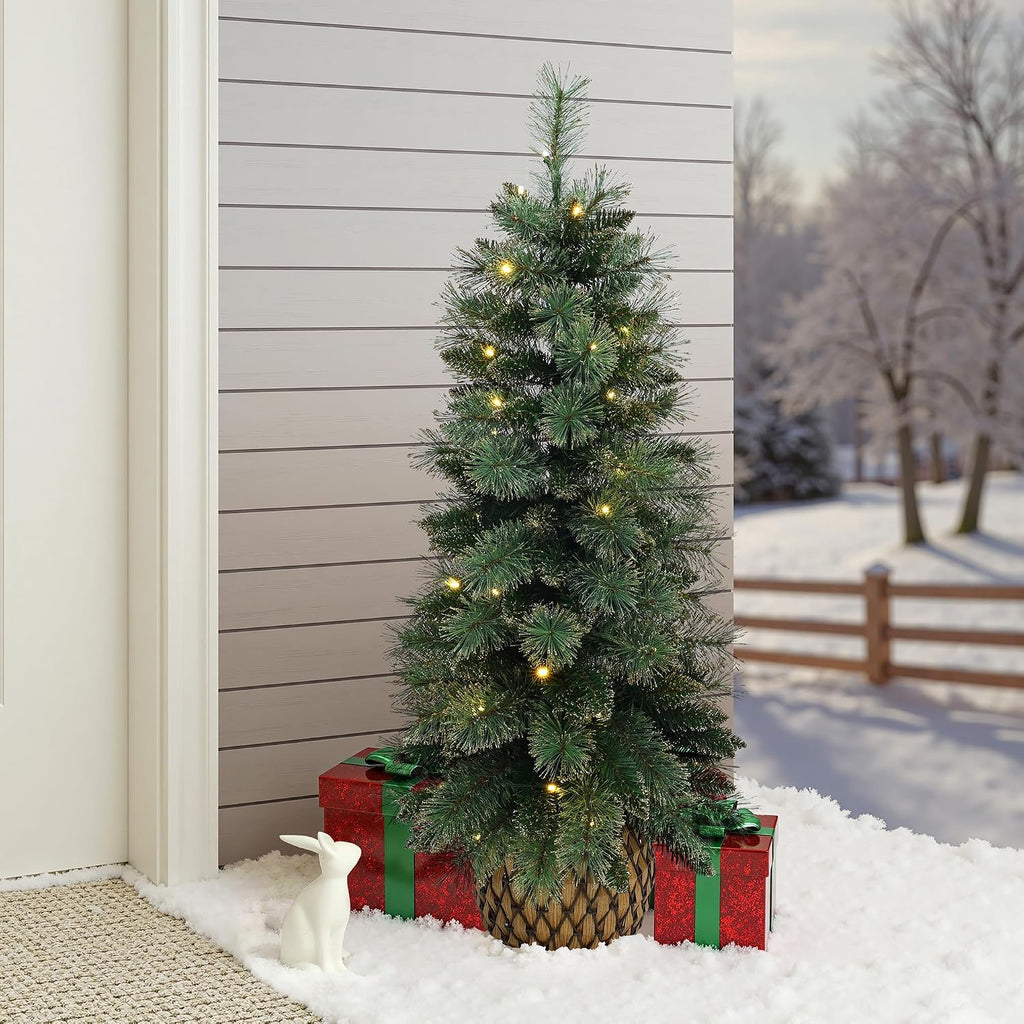 luxenhome 4ft small christmas tree, prelit slim potted on a desk or shelf