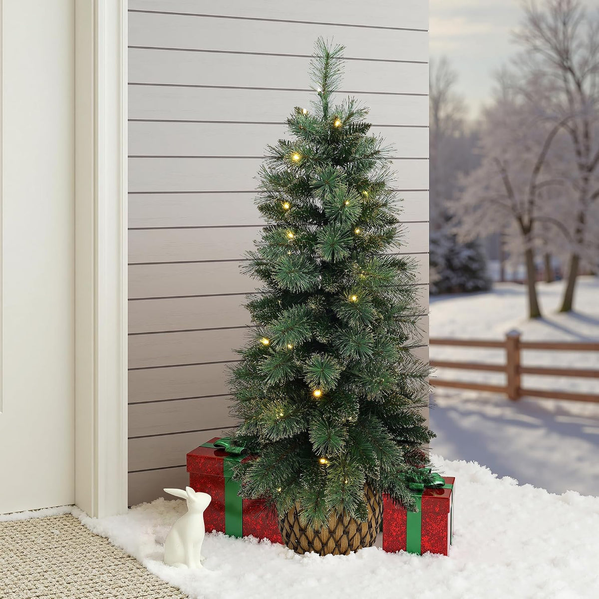 luxenhome 4ft small christmas tree, prelit slim potted on a desk or shelf