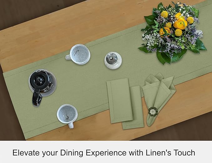 Ruvanti Linen Table Runner 72 Inches, Classic Hemstitch, Washable, Reusable, Non-Slipping, Stain Resistant- Perfect for Parties, Weddings, Dinners, Thanksgiving, Christmas, Indoor use – Olive