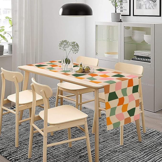 Hippie Table Runner, Vintage Geometric Square Orange Green Pink Grid 60s 70s Style Kitchen Dining Room Decor for Indoor Outdoor Wedding Party Table Runner 13x60 Inch