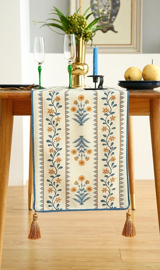 ISAENNE Designer Pale Yellow Elegant Linen Table Runner 87 Inches Long,French Floral Pattern Elegant Table Runners for Dining Tables,Thanksgiving,Kitchen Tables,Christmas,12"*87"-Estevan A