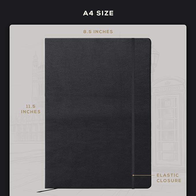Beechmore Books A4 Sketchbook – 8.5x11 Premium Vegan Leather Bound Large Sketch Book Hardcover with 156 Thick 160gsm Perforated Ivory Pages, Blank Sketch Pad, Gift Boxed, Back Pocket, Ribbon Bookmark