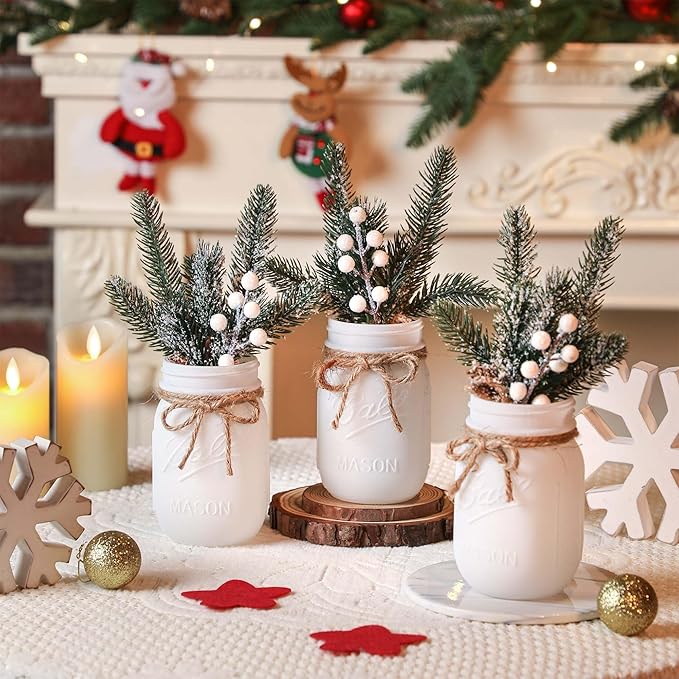 Mason Jars by Winter White, White Centerpieces & Wood Tray, 3 Decorative Jars for Home Table Decor, Farmhouse Dining Table & Kitchen Decorations