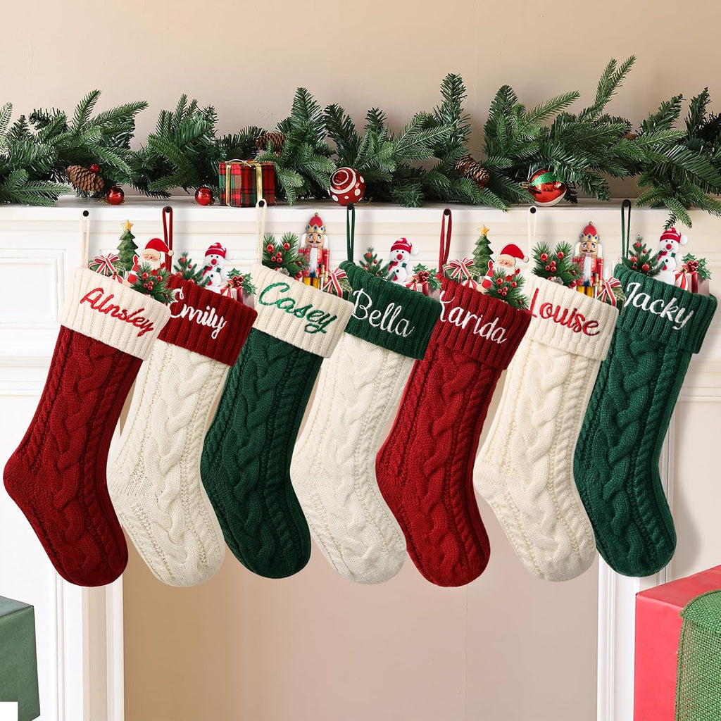 ELEGANTPARK Personalized Christmas Stockings 1 Pack Knit Christmas Stockings with Embroidered Names Red Green White Xmas Decoration for Fireplace Hanging Holiday Decoration for Family Kids 18 Inch