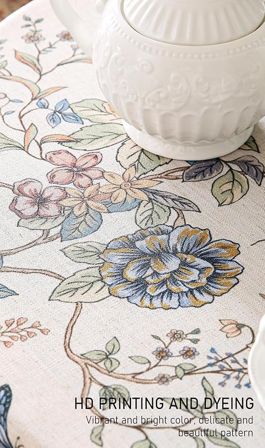ISAENNE Designer French Light Beige Round Tablecloth,Linen Florals and Birds Pattern Table Cloth,Anti-Wrinkle Decorative Tablecloths for Dining Thanksgiving Kitchen,Diameter 67"-Cornucopia