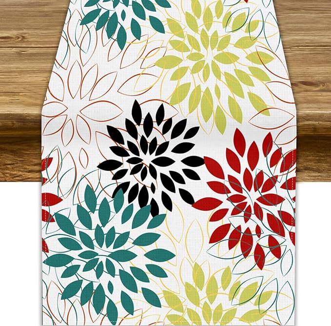 Abstract Red Dahlia Vintage Table Runner, Geometric Lines Mid Century Vintage Modern Colorful Table Runner for Party Kitchen Dining Living Room Laundry Room Decor, 13x60 Inch