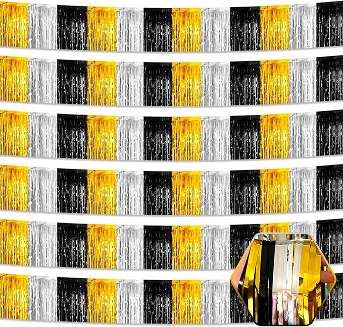 6 Pack 10 Feet Black Gold Silver Foil Fringe Garland Metallic Tinsel Streamers Banner Wall Hanging Curtain Backdrop for Parade Floats, Birthday, Graduate, Mother's Day, Wedding Party Decoration