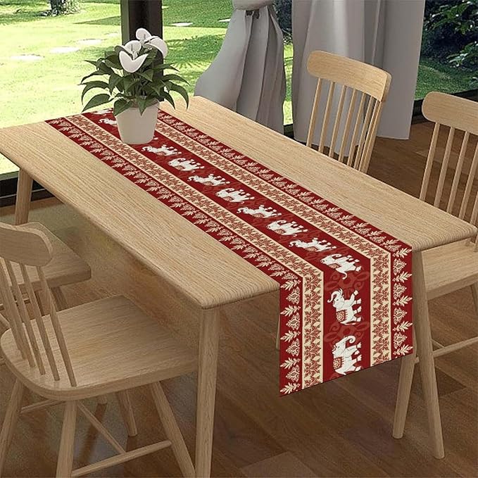 Boho Elephant Table Runner, Vintage Tribal Traditional African Animals Ethnic Folk Red Table Center Decor for Home Kitchen Dining Patio Holiday Party Indoor Outdoor Table Decorations, 13"x108" Inch