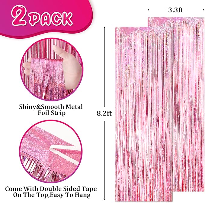 2 Pack 3.3x8.2 Feet Laser Pink Foil Fringe Backdrop Curtains, Tinsel Streamers Birthday Party Decorations, Fringe Backdrop for Graduation, Baby Shower, Gender Reveal, Disco Party