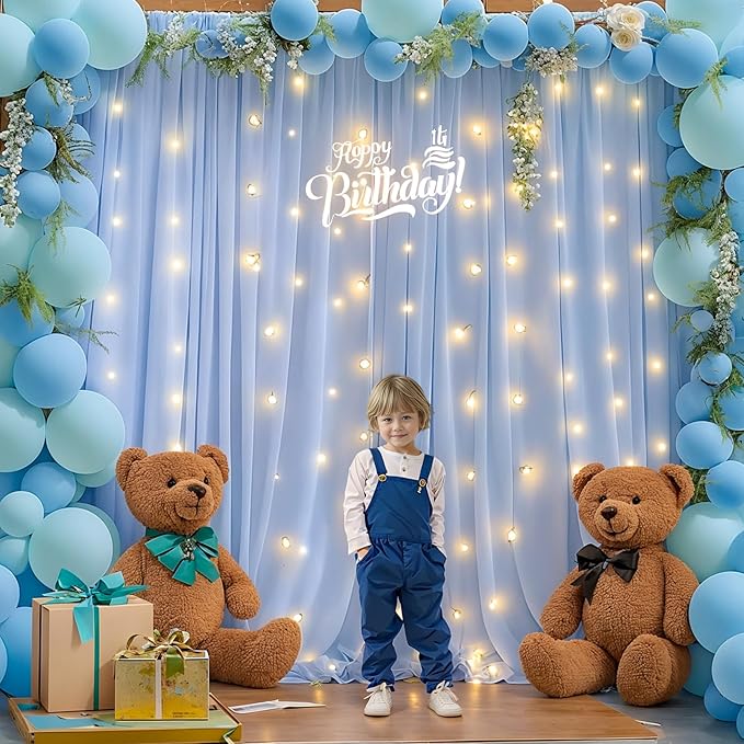 10ft x 10ft Baby Blue Chiffon Backdrop Curtain with Lights String for Parites Wedding Light Blue Curtains Photo Backdrop Drapes for Baby Shower Birthday Party Home Decorations