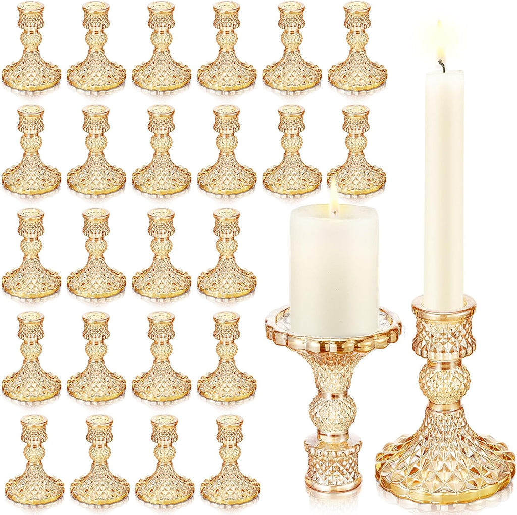Sieral 24 Pcs Gold Taper Candle Holders 4'' Tall Candlestick Glass Holders Bulk Crystal Decorative Stand Wedding Stick Holder for Anniversary Party Dining Table Festival Decor