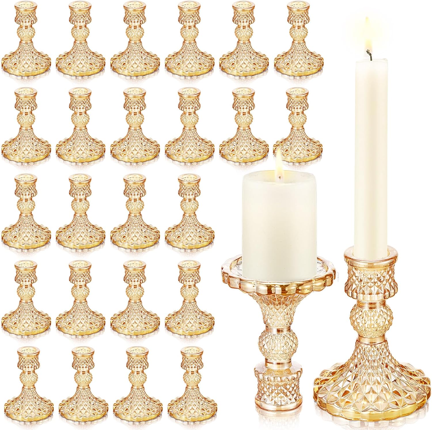 Sieral 24 Pcs Gold Taper Candle Holders 4'' Tall Candlestick Glass Holders Bulk Crystal Decorative Stand Wedding Stick Holder for Anniversary Party Dining Table Festival Decor