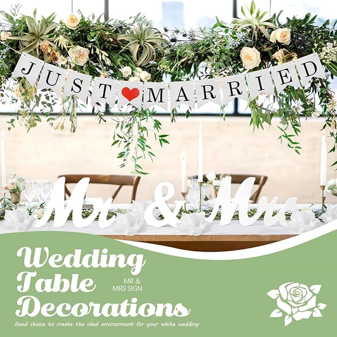 White Wooden Mr and Mrs Signs for Wedding Table, Wooden Wedding Table Signs for Ceremony and Reception - Centerpiece Decorations with Just Married Banner Gifts