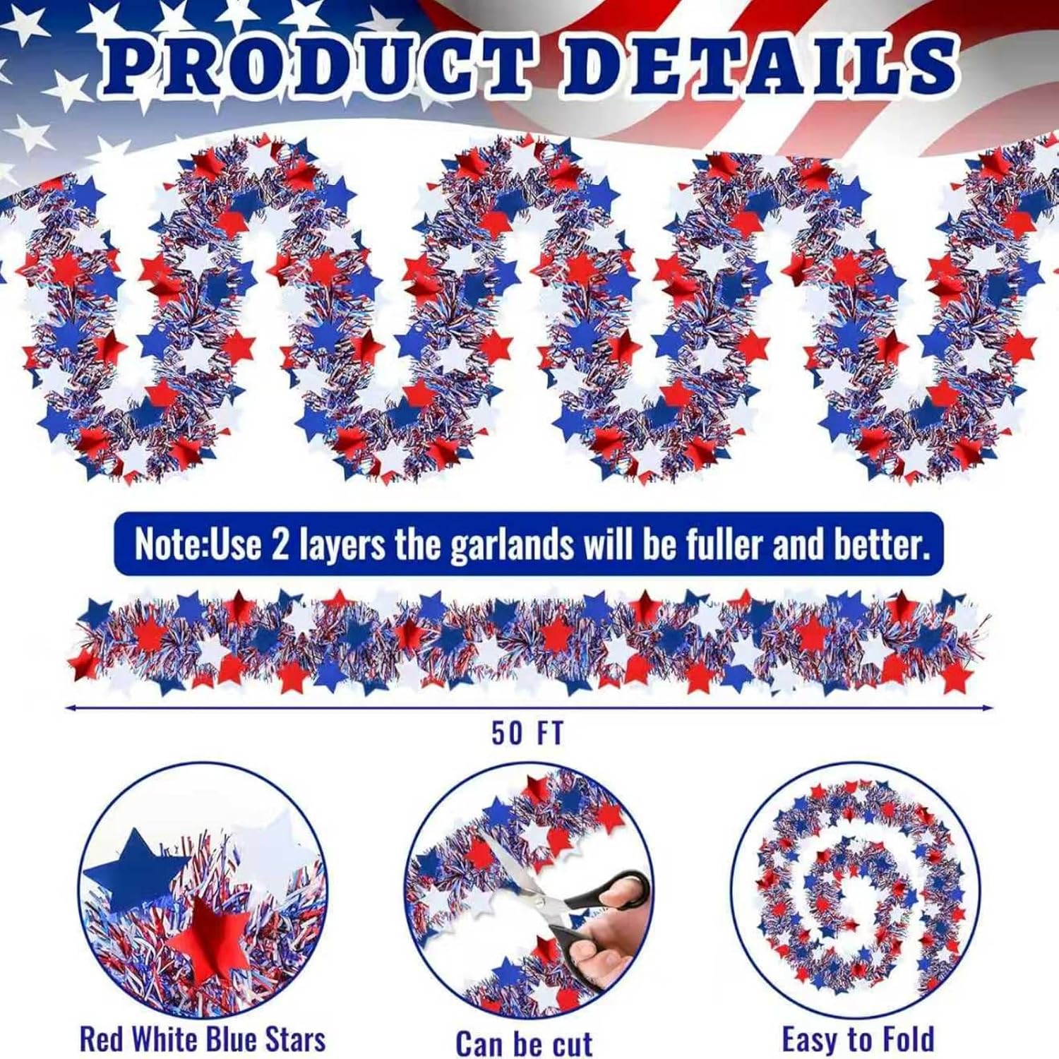 50 Ft Patriotic Star Garland, Red White Blue Metallic Tinsel with 5-Pointed Stars, 4th of July & America 250th Anniversary Decorations for Independence Day Party Mantle Porch Fireplace | Shiny Metallic Tinsel Star Garland