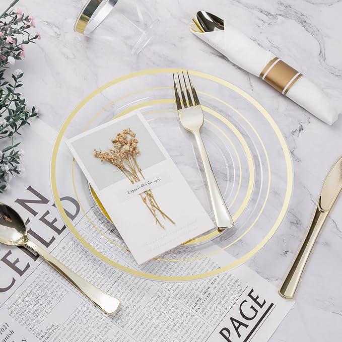 BESTVIP 350PCS Clear Gold Plastic Dinnerware Set for 50 Guests, Disposable Party Plate for Christmas and New Year,Halloween, Include: 100 Plastic Plates, 50 Pre Rolled Napkins with Silverware, 50 Cups