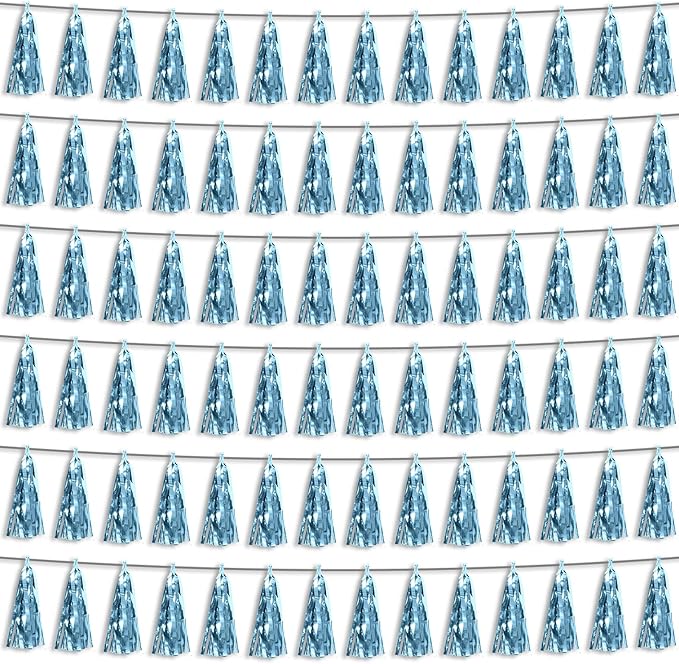 6P Light Blue Foil Fringe Metallic Tassel Streamers Banner Tassel Garland for Parade Floats, Bachelorette, Wedding, Birthday, Graduation, Christmas, Bridal/Baby Shower Party Decorations