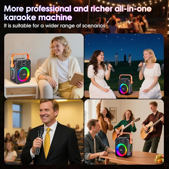 Karaoke Machine for Adults,Portable Karaoke Speaker with Two Wireless Microphones, 3.7v Speaker Supports TWS,Bluetooth,TF Card/USB, AUX in, REC, Bass & Treble for Home Party/Meeting