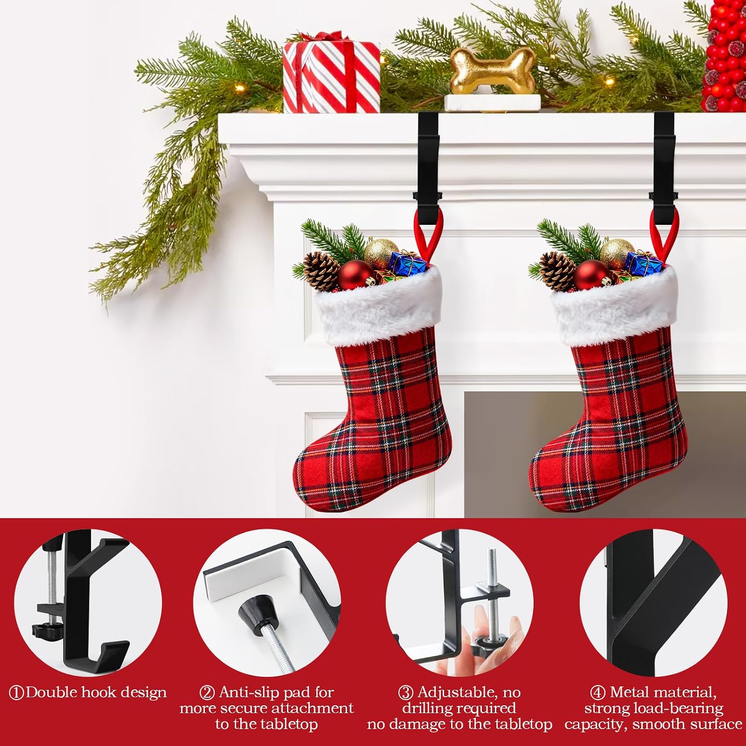 4 Pack Stocking Holders for Mantle for Christmas Decorations,2 in 1 Mantle Garland Holder for Hanging Christmas Stockings,No Drilling Required & Adjustable Garland Hanger, Metal(Black)