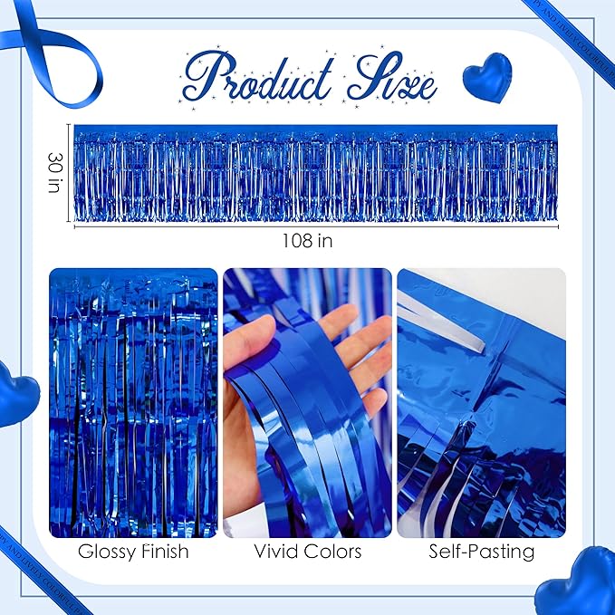 2 Pack Dark Blue Table Skirts, 29x108" Metallic Foil Tinsel Fringe Table Skirts for Rectangle Tables Streamer Curtains Backdrop, Party Decorations for Birthdays Weddings Holidays