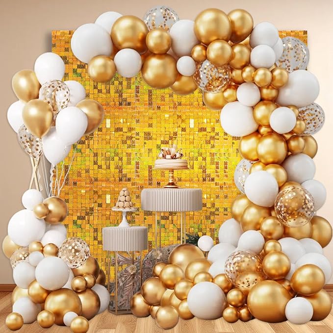 24PCS Gold Shimmer Wall Backdrop, Laser Square Sequin Photo Backdrops Panel, Glitter Wall Background for Birthdays, Weddings, Christmas, Engagements, Disco Bachelorette Party Decoration (4FTx6FT)