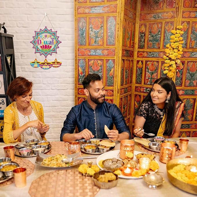 CHDITB Happy Diwali Front Door Sign Wreath(15"x11"), Wooden Lotus Rangoli Diyas Indian Festival of Lights Decoration Wall Hanging, Colorful Deepavali Themed Hanger Decor for Porch Home Office Party