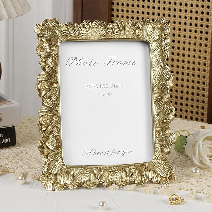 Cuspin 6x8 Picture Frame Vintage Gold Frames, Gold Palm Leaves Textured Hand-Crafted Resin Frames with Glass Front, Elegant Retro Decorative Photo Frame for Wall and Tabletop Display Home Decor