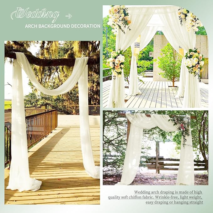 Wedding Arch Draping Fabric, 4 Panels 28" x20ft Ivory Wedding Arch Drapes, Sheer Chiffon Curtain Arbor Drapery Ceiling Drapes Sheer Backdrop Curtains for Wedding Ceremony Party Ceiling Decor