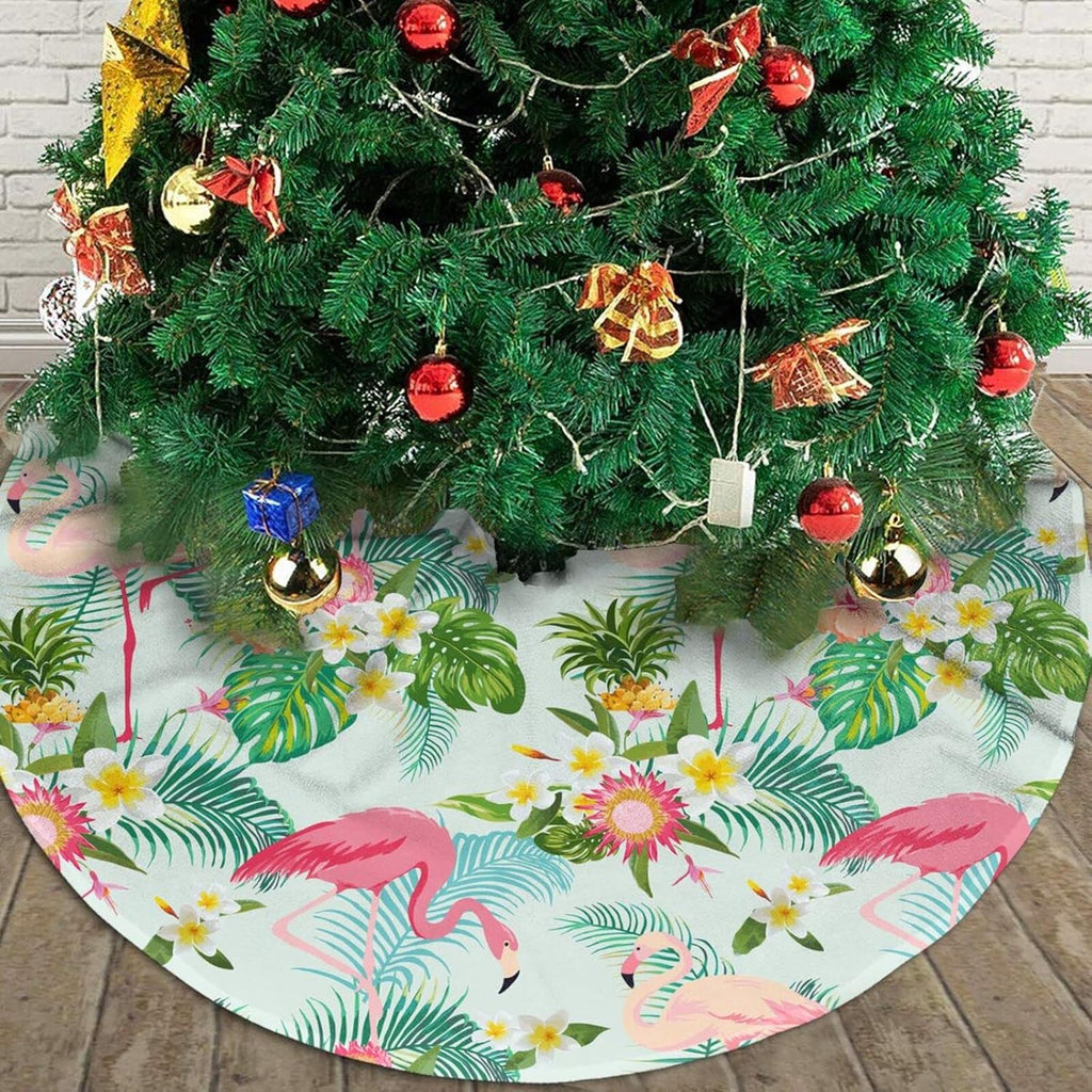 Flamingo Christmas Tree Skirt for Xmas Holiday Party Supplies Large Tree Mat Decor, Tropical Summer Pink Flamingo Palm Leaves Flowers Ornaments 30"