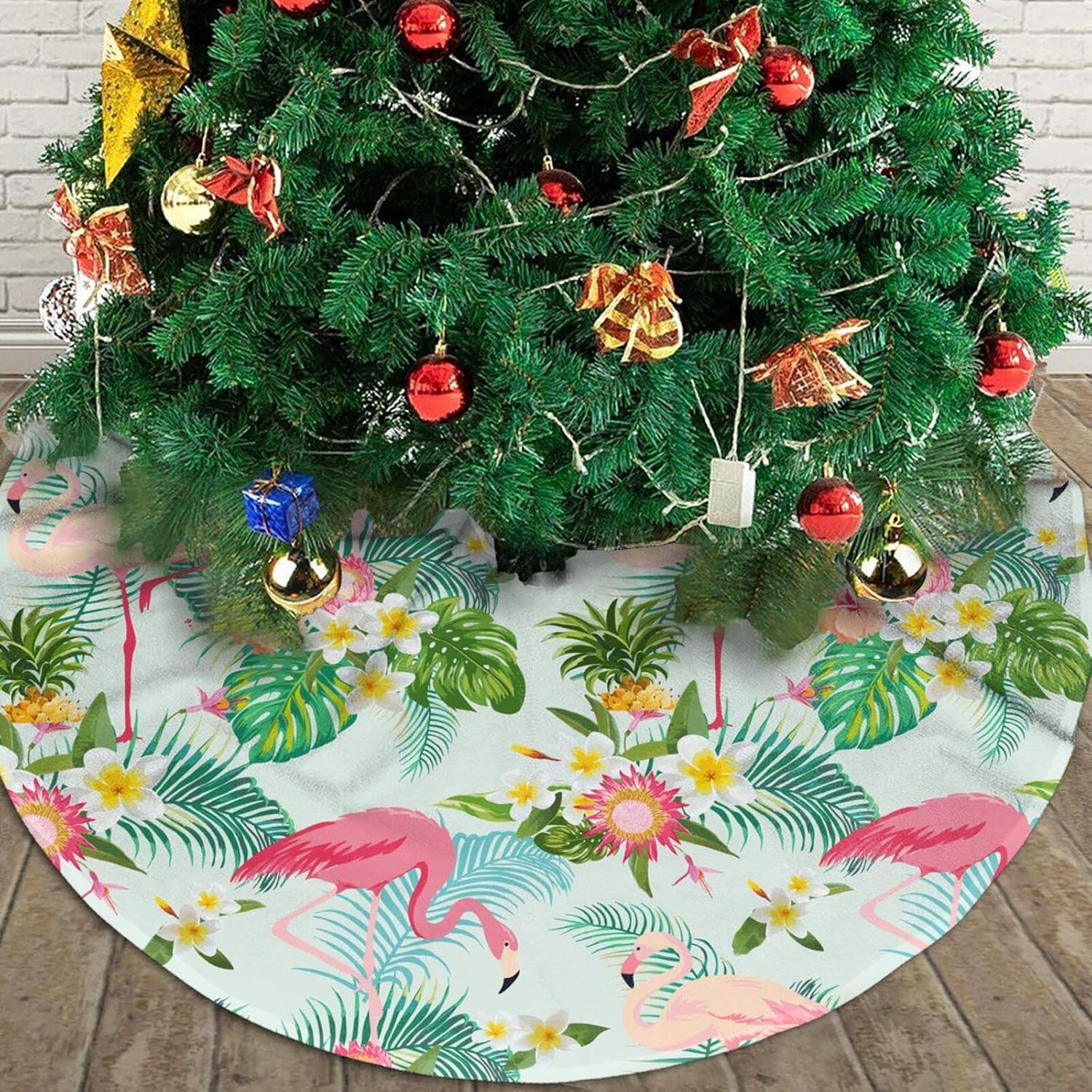 Flamingo Christmas Tree Skirt for Xmas Holiday Party Supplies Large Tree Mat Decor, Tropical Summer Pink Flamingo Palm Leaves Flowers Ornaments 30"