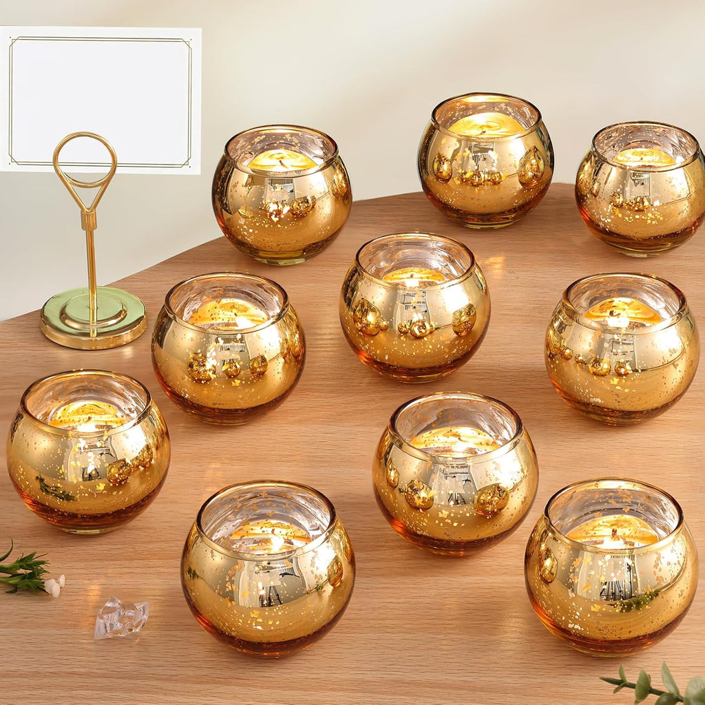 Volens Round Gold Votive Candle Holders, Mercury Glass Candle Holder Set of 12, Wedding Decorations for Table