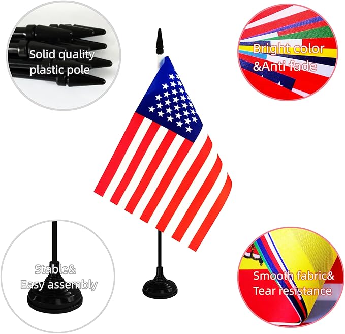 America USA Desk Flag, 12 Pack American Table Office Flag with Black Solid Pole and Stand Base, International Country Flag, 4th of July, Classroom Meeting Desktop Decor (USA)