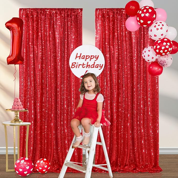 Red Sequin Curtains 2 Packs 3ftx8ft Photo Booths Backdrop for Girl Princess Birthdays Engagement Bachelorette Party Decorations