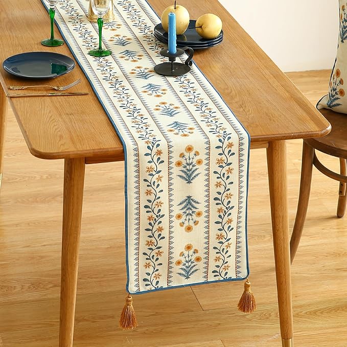 ISAENNE Designer Pale Yellow Elegant Linen Table Runner 87 Inches Long,French Floral Pattern Elegant Table Runners for Dining Tables,Thanksgiving,Kitchen Tables,Christmas,12"*87"-Estevan A