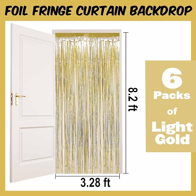 6 Pack Light Gold Foil Fringe Curtains Backdrop, 3.28 x 8.2 Ft Metallic Streamers Tinsel Curtains Background for Photo Booth, Birthday, Weddings, Carnivals, Graduation, Themed Party Decorations