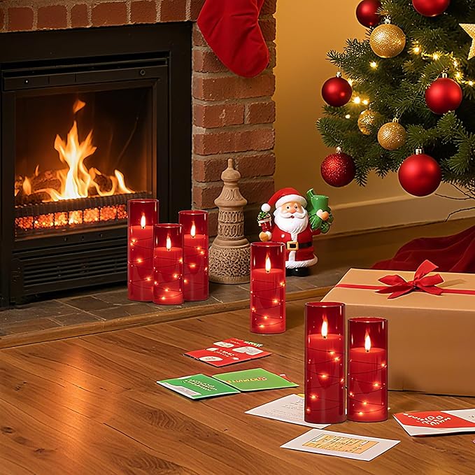 Raycare Flameless Candle with Remote Timer – 9 Flickering Acrylic Battery Operated LED Pillar Candles with Embedded Star String for Halloween, Home Decor, and as a Gift (Red)
