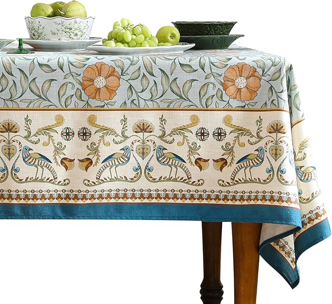 patdrea Designer French Linen Blue Tablecloth for Rectangle Table,Vintage Floral Table Cloth,Colorful Decoration Fall Cover Kitchen Dining for Thanksgiving,Tea Party,Christmas,67"x118"-Wensel