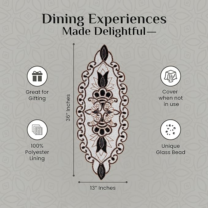 36" Decorative Beaded Table Runner - Handcrafted Floral Design with Durable Polyester Backing for Dining, Coffee Table & Special Occasions (Black White Brown) - CLEENTABLE