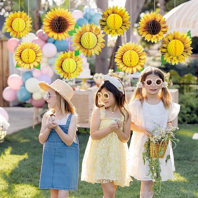 SUNBEAUTY 9 PCS 10 Inches Sunflower Decorations for Party 3D Large Honeycomb Hanging Paper Decorations Birthday Yellow Ceiling Wall Tissue Flowers Summer Fall Sunflower Farm Paper Flowers Decorations