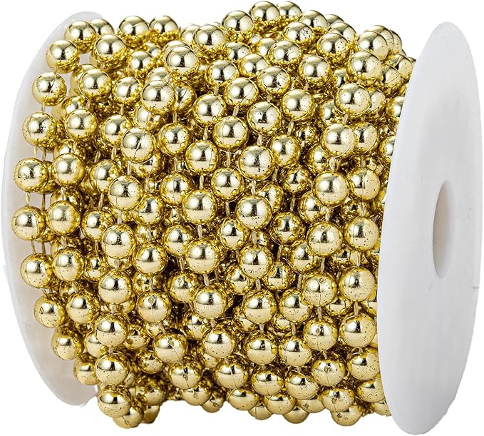 8mm Crafts Faux Pearl Beads Garland Pearl Bead Roll Strand of Pearls to Decorate Floral Centerpieces Wedding Party Favor Christmas Tree(33 Feet Gold)