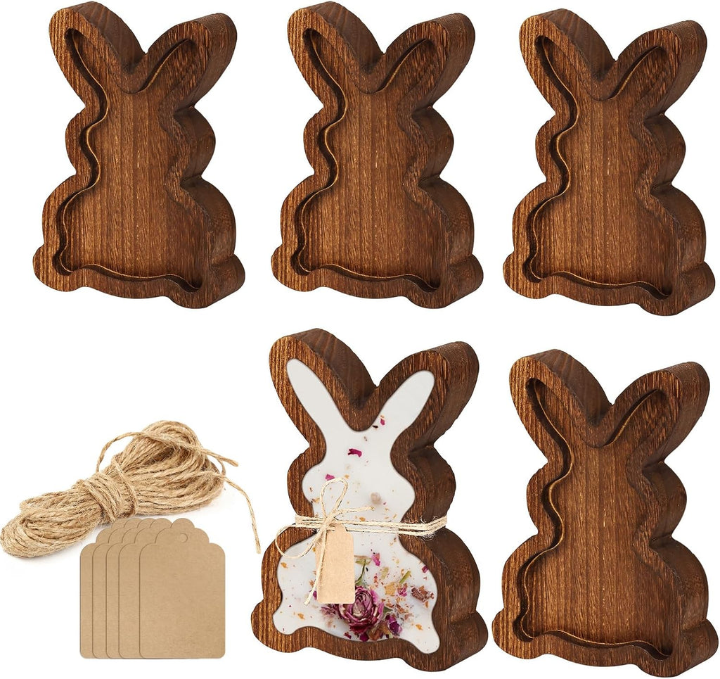 5 Pcs Easter Wooden Dough Bowl for Candle Making, 7.4" x 5.5" Rabbit Shaped Dough Bowls for Decor Rustic Paulownia Wood Dough Bowl Candle With Cards & Ropes for DIY Home Farmhouse Decor