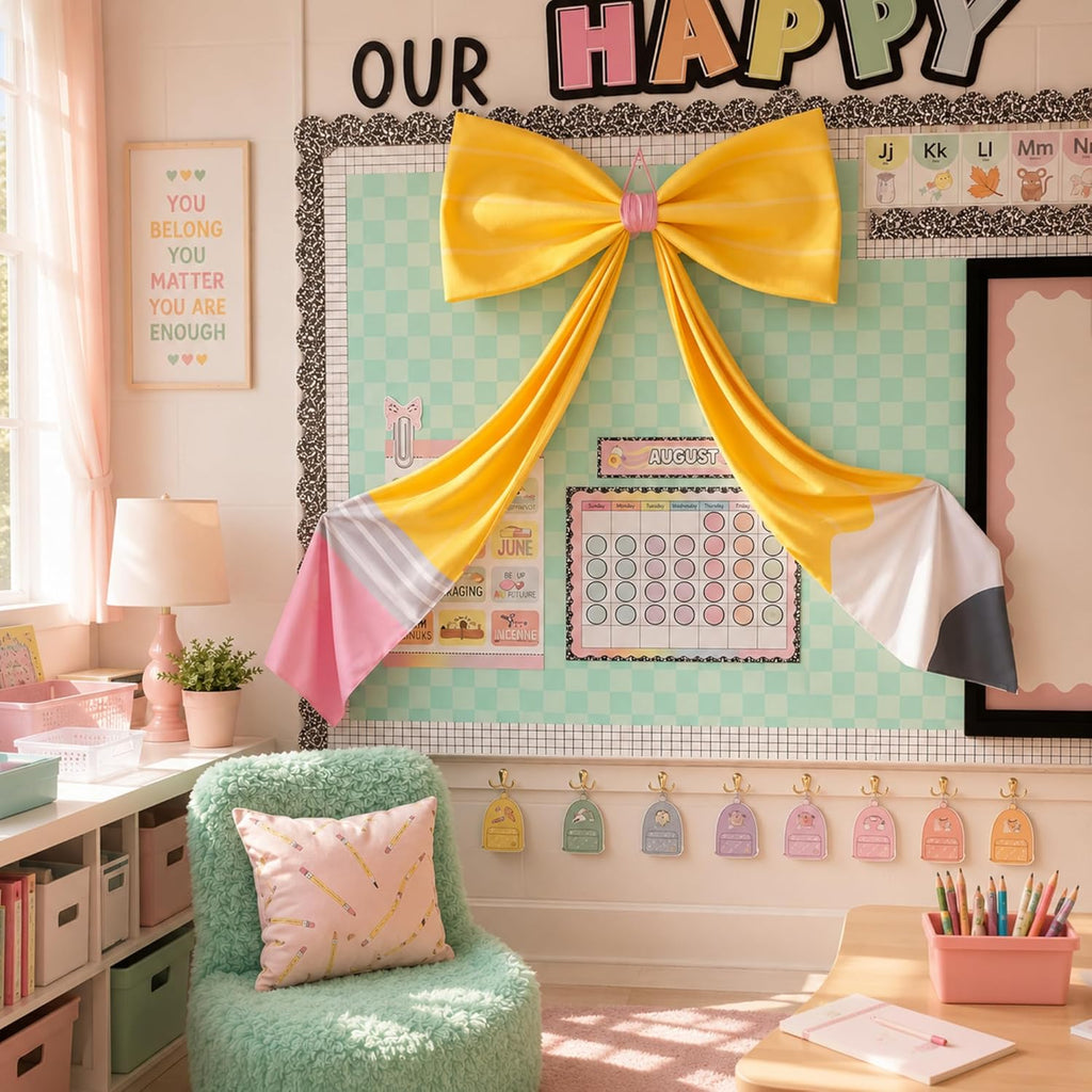 Back to School Classroom Decor Large Pencil Bow 42 x 24 Inches Giant Pencil Hanging Decor for Classroom Bulletin Board Art Teacher Blackboard Backdrop for First Day of School Supply