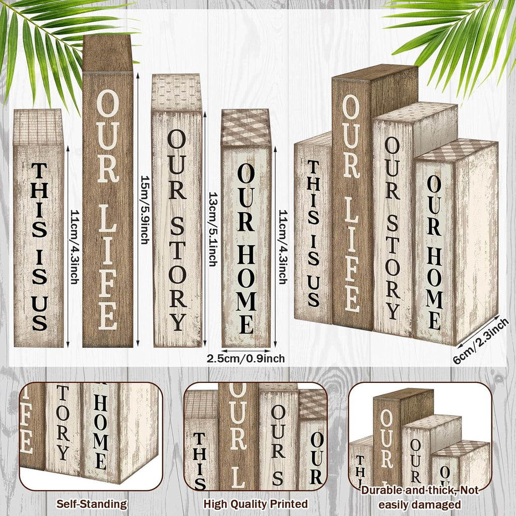 Lineshading 4 Pcs Farmhouse Table Decor Wooden Rustic Our Home Our Story Life Table Centerpiece Farmhouse Book Stack Block Sign for Tabletop Shelf Tiered Tray Desk Living Room Fireplace Home