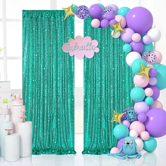 Mermaid Sequin Photo Backdrop Decor: Lake Green Glitter Background 2 Panels 2FT x 8FT for Ocean Party Baby Shower