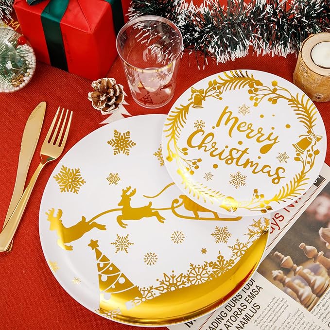 Supernal 150pcs Christmas Plates, Christmas Plastic Dinnerware include Gold Plastic Plates,Gold Plastic Silverware,Gold Plastic Cups, Christmas Party Plates for 25 Guests