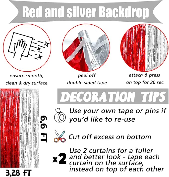4 Pack 3.2Ft x 6.6Ft Red and Silver Fringe Curtain Backdrop, Metallic Tinsel Foil Fringe Streamers Curtains Background for Photo Booth Wedding Circus Welcome Carnival Birthday Party Decorations