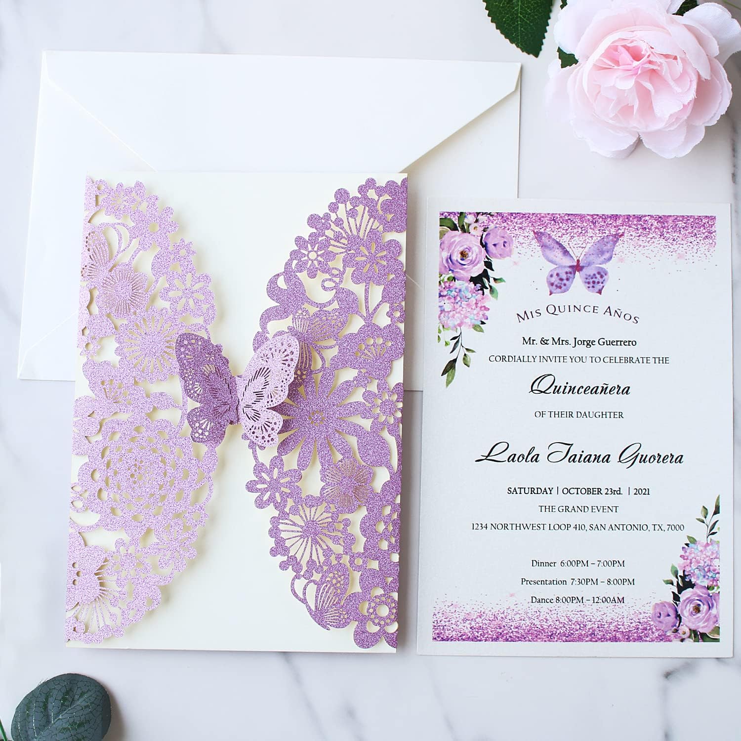 Hosmsua 20PCS 5.12 x 7.3 Blank Purple Quinceanera Invitation Kit with Butterfly Laser Cut Lace Flora Invitations for Wedding Quinceañera Sweet 16 Birthday Wedding Invitation (Purple Glitter)