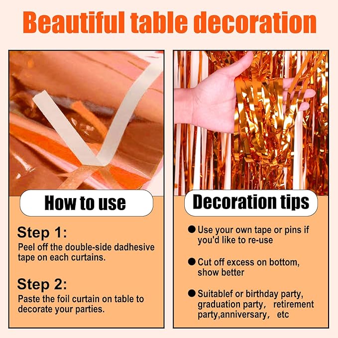 3 Pack 29 x108 Inch Orange Foil Fringe Table Skirts Metallic Banner for Tinsel Streamer Garland Backdrop for Parade Floats Wedding Thanksgiving Birthday Christmas Halloween New Year Party Decoration